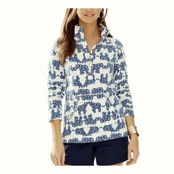 Lilly Pulitzer Women CAPTAIN PRINT Top XS White Navy Pack Your Trunk Elephant - Picture 1 of 11